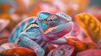 Obraz premium A vibrant chameleon perched on colorful leaves in a lush tropical setting during the afternoon