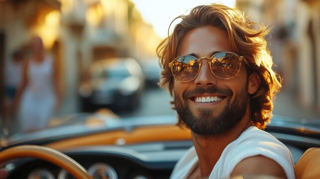 Handsome young man with a beaming smile driving a sleek convertible car on a sunny day. Carefree lifestyle, adventure on the road, summer joy, modern travel.