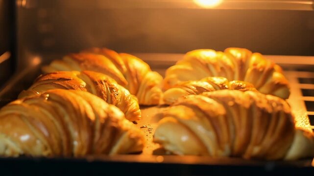 Puff pastry croissants. Homemade France buns baked in the oven. Process making bread cake at home, fragrant tasty pastry, bakery product. Fresh sweet traditional dessert for breakfast. French snack.