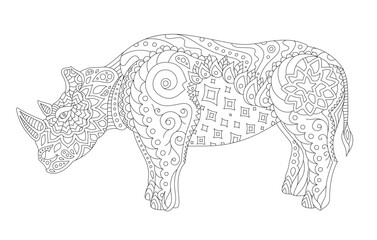 Coloring book art with stylized rhino silhouette
