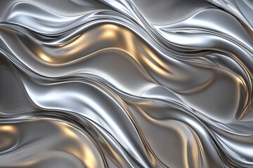 Metallic silver texture with glossy shimmering finish, abstract background with curves, crumpled foil paper with reflection.