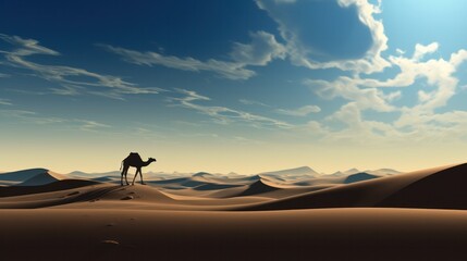 Dark silhouette of a camel walking across a vast, undulating sand dune with a clear blue sky