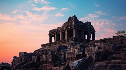 Obraz premium Dramatic silhouette of the Preah Vihear Temple perched on a cliff, with the sun setting behind it,