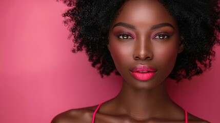 Fototapeta premium Portrait of a woman with curly hair showcasing vibrant makeup against a pink background
