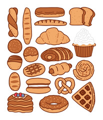 Collection of Bakery bread cartoon doodle, Hand Drawn.