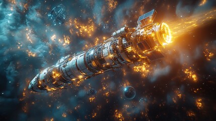 Fototapeta premium Solar Cell Spaceship on a Research Expedition: A spaceship with solar panels conducting a deep-space scientific mission, surrounded by instruments and probes.