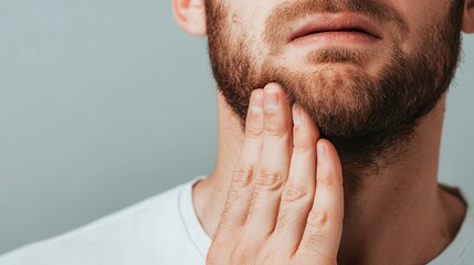 Fototapeta premium Unbearable Acute Toothache - Person Clutching Jaw in Pain with Copy Space for Text