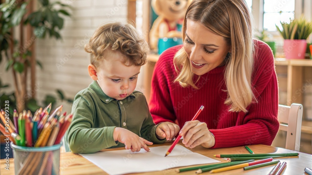 Canvas Prints beautiful teacher and toddler boy drawing