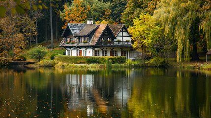 a picturesque house situated by a serene lake, highlighting its architectural beauty and scenic surroundings.