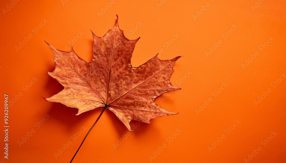 Poster vibrant autumn maple leaf on solid orange background, capturing the warmth of fall with striking con