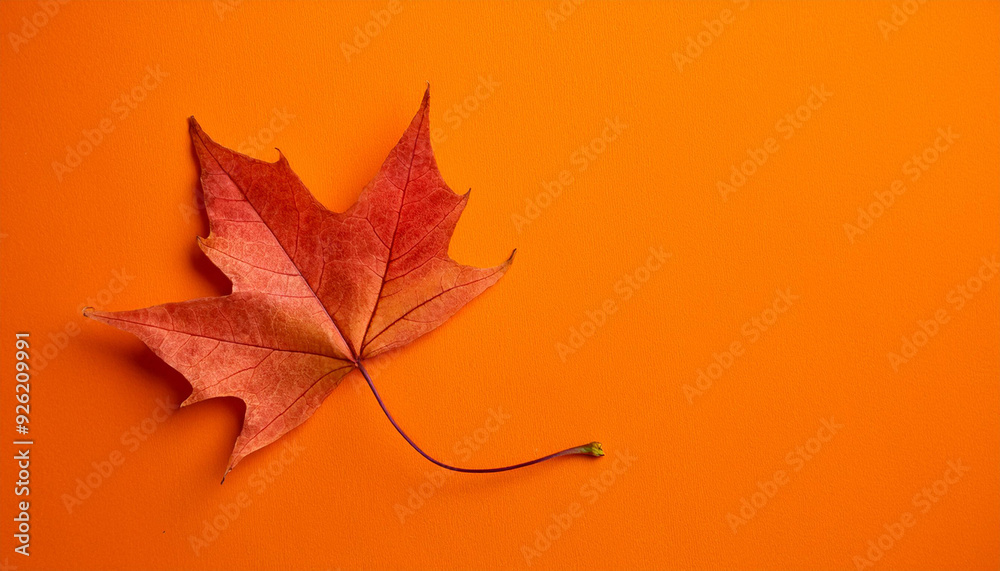 Poster vibrant autumn maple leaf on solid orange background, capturing the warmth of fall with striking con