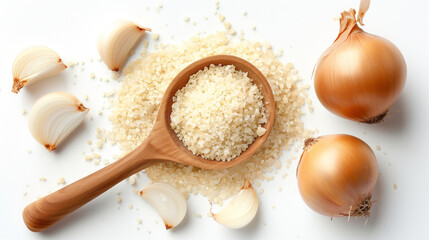Spoonful of onion powder and a few dried onion flakes placed nearby isolated