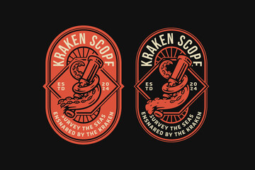 kraken or octopus tentacle wrapped around binoculars badge logo vector collection design for nautical, adventure, industry and sailing © salzcreative