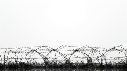 The outline of a barbed wire fence creates a dramatic contrast against a plain white backdrop,