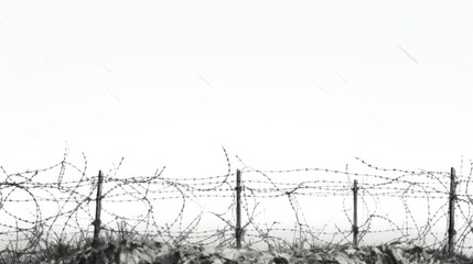 The outline of a barbed wire fence creates a dramatic contrast against a plain white backdrop,