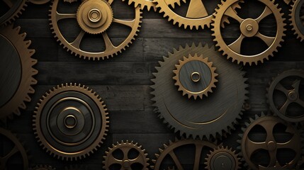 Vintage metal gears or cogs on dark background. Neural network ai generated art