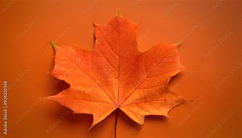 Poster vibrant autumn maple leaf on solid orange background, capturing the warmth of fall with striking con