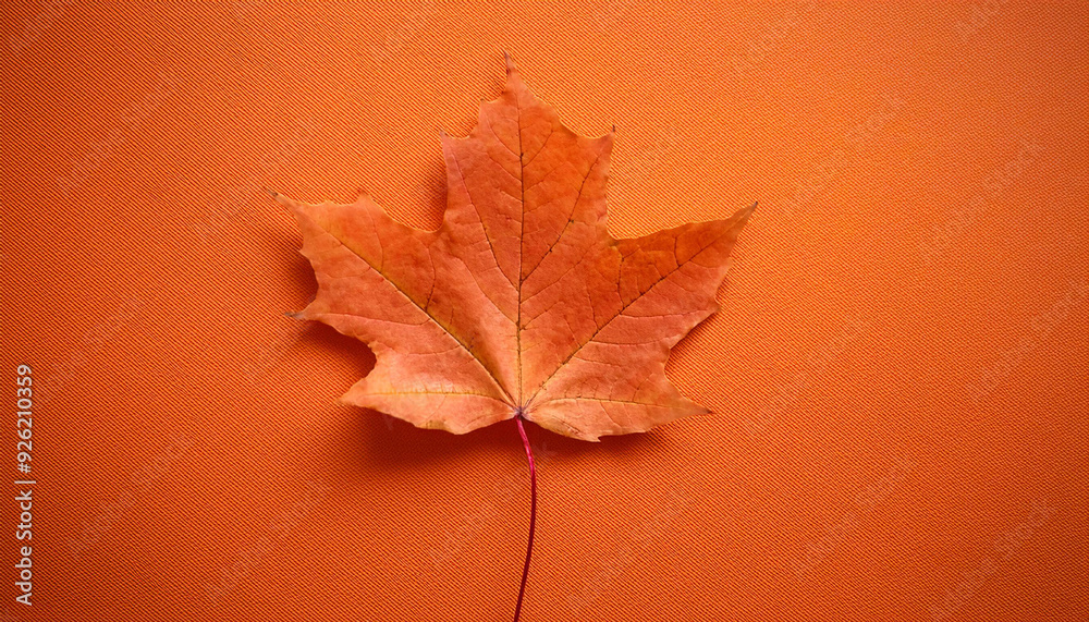Poster vibrant autumn maple leaf on solid orange background, capturing the warmth of fall with striking con