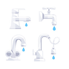 Four different illustrations of water taps leaking water drops, representing concepts like plumbing and water conservation