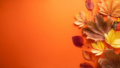 Autumn Leaves on Vibrant Orange Background. Collection of Dry, Crisp Foliage Showcasing the Warm Hues of Fall with Maple and Birch Leaves Arranged in a Natural, Seasonal Composition