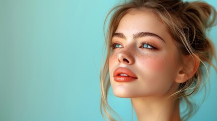 Naklejka premium Young woman with light makeup gazes thoughtfully against a soft turquoise background in a serene indoor setting