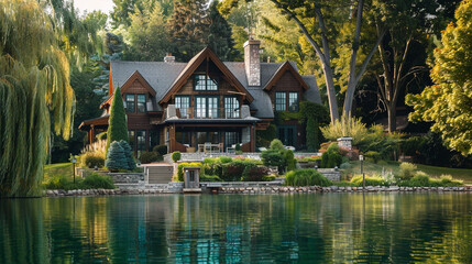 a picturesque house situated by a serene lake, highlighting its architectural beauty and scenic surroundings.