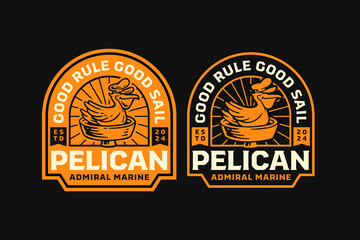 pelican bird with sailor captain hat and barrel badge logo vector collection design for nautical, adventure and sailing