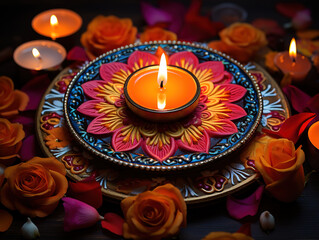 Decorative flower on diwali diya for festival card background.