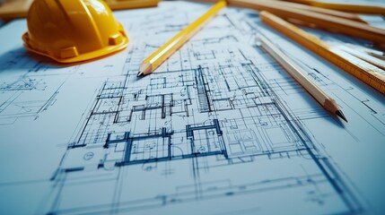 Blueprint floor plan with pencils and hard hat symbolizing architectural project management.