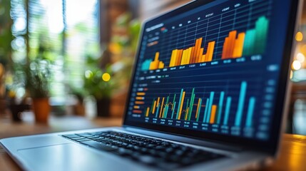 Close-up view of a laptop screen displaying vibrant and colorful bar graphs in a dimly lit room. Financial data analysis, technology, business, modern digital workspace, success metrics.