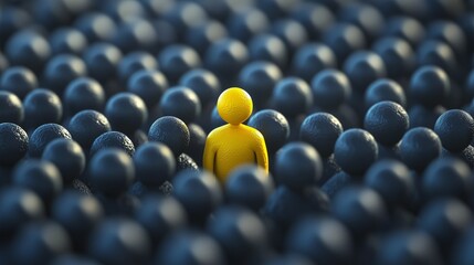Obraz premium A yellow figure stands out among a crowd of blue figures, symbolizing exceptional talent, leadership, and visionary qualities.