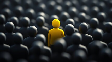 Obraz premium A yellow figure stands out among a crowd of gray figures, symbolizing uniqueness, leadership, and talent.