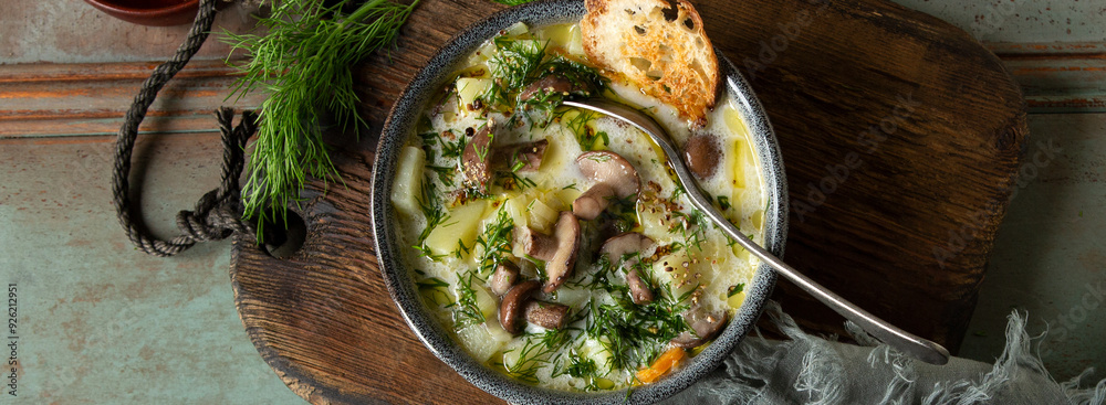 Wall mural bowl of soup with potatoes and butter on the table, top view