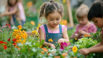 Editorial image of kids learning about gardening in a hands-on way surrounded by colorful flowers and vegetables capturing their curiosity and joy