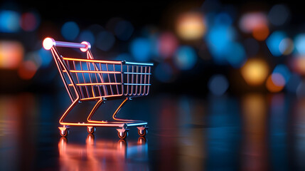 Neon Shopping Cart with Bokeh Background, Retail Concept