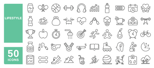 Set of 50 line icons related to lifestyle, diet, exercise, sleep, healthy, nutrition, fitness, hobby, Editable stroke. Vector illustration