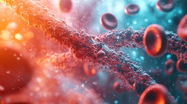Close-up of blood cells and fibers illustrating the complexity of human biology in vibrant colors.