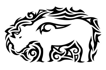 Beautiful monochrome vector illustration with black tribal tattoo pattern around white rhino silhouette