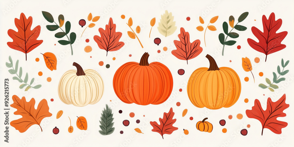 Wall mural collection of autumn leaves and small pumpkins arranged in a decorative display, flat illustration