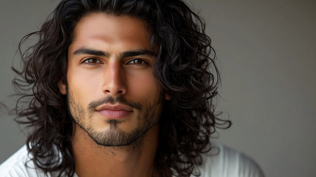 Portrait of a handsome latino man with long curly hair, exuding confidence and charm.