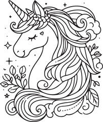 A unicorn horse line art coloring book illustration for kids