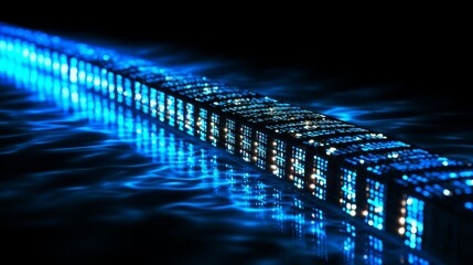 Vibrant blue matrix binary code flowing in long digital pipeline on black background