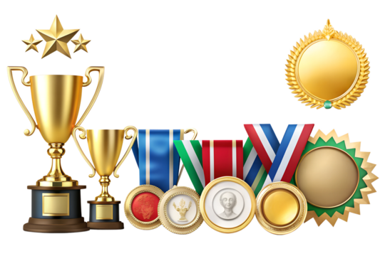 Golden cups and medals isolated on white background. Concept of winning and awarding. 