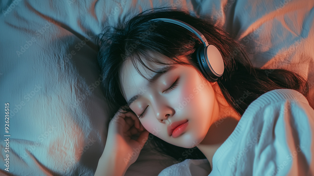 Wall mural a beutiful asian girl sleeping with headphone listening to natural sound or audio meditation