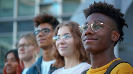 Close-up of students of different nationalities standing in front of the building on campus.