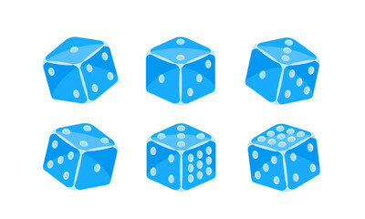 Six vibrant blue dice in motion, each showing different sides, evoke luck and chance in a casino setting. Symbolizing risk and excitement, they capture the thrill of games of probability