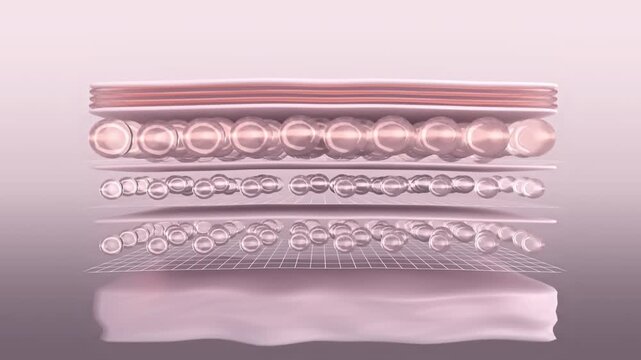 Laser skin collagen-boosting treatment. Stylized wrinkled skin layers before and smooth tightened after the session of modern beauty procedure with laser devices. 3D animation