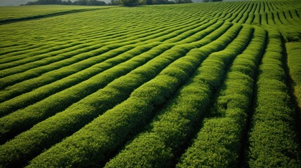 Aerial perspective of a tea tree field with uniform rows extending into the distance