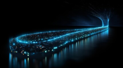 Vibrant blue matrix binary code flows in digital pipeline on black background for search relevance