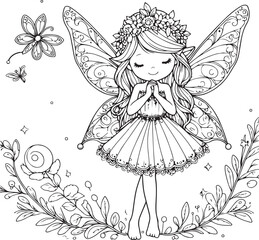 A beautiful fairy lineart coloring book illustration